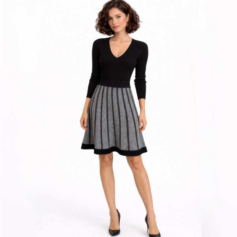 ALC A Line Sweater Skirt Black Gray Stripe Modern Knit Sz S💛